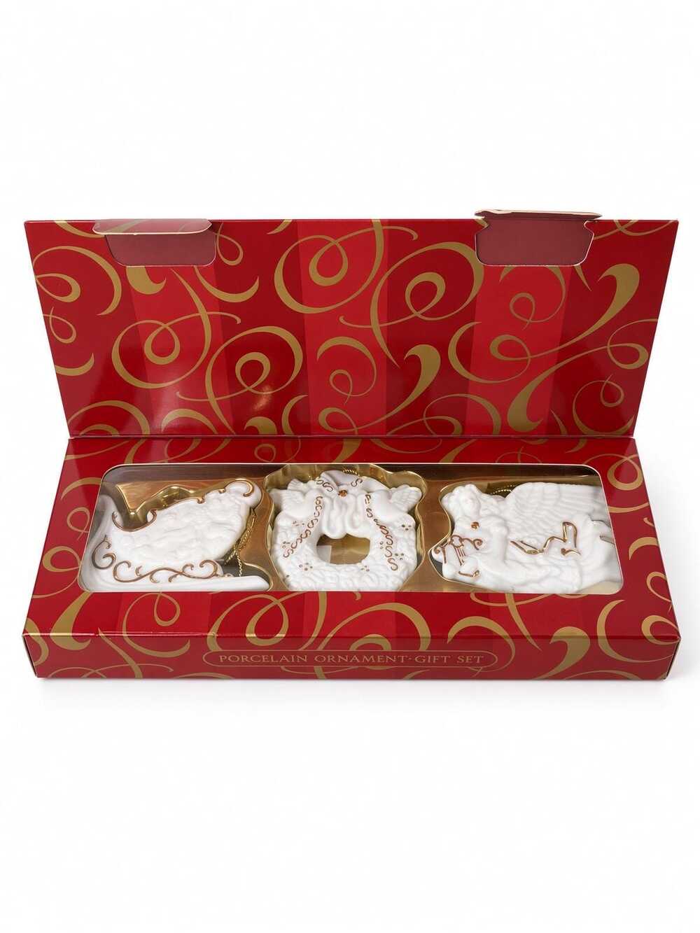 Avon 2001 Porcelain Christmas Ornament Set of 3 Gold Accents Boxed